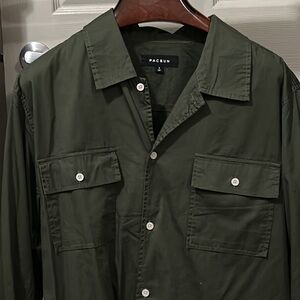 Men’s large, long sleeve, PacSun, cotton, dark green shirt with side pockets.